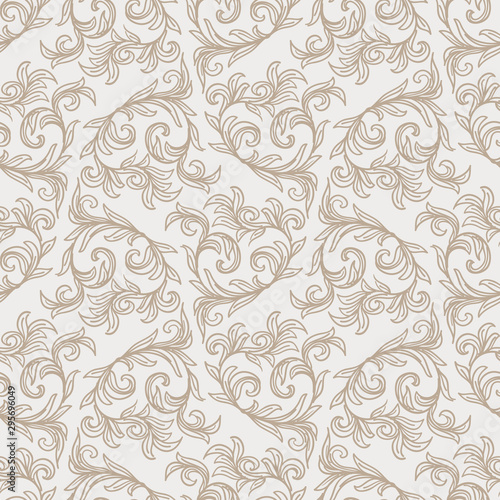 Vintage swirly botanical flourish silhouette seamless repeat vector pattern swatch. Damask outline baroque wallpaper or drapery or curtain design. Old hand drawn victorian antique background.