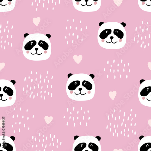 Fototapeta Naklejka Na Ścianę i Meble -  Cute seamless pattern with panda faces and hearts. Background for kids with wild animals - panda. Vector illustration