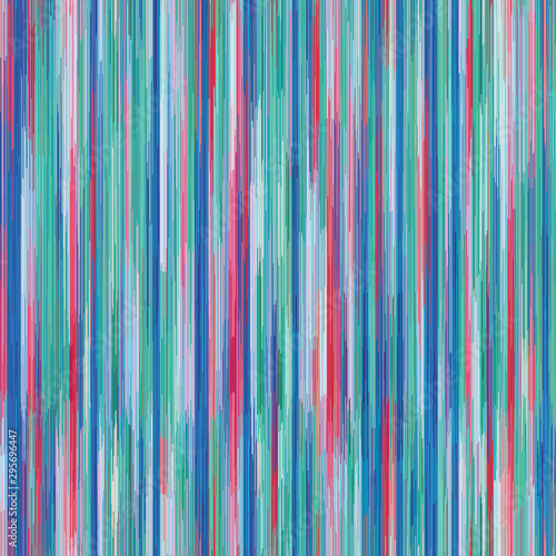 Bright blue, teal, and red vertical soft blurry ikat stripe seamless repeat vector pattern.  Thin vertical random lines.  Great for home decor, fashion, stationary.  Generative Art.