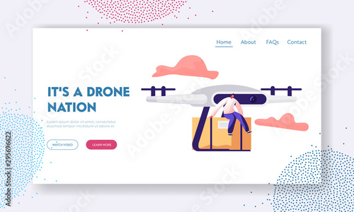 Futuristic Technologies in Post Mail and Shipping Service Website Landing Page. Tiny Male Character Sitting on Parcel Box Delivering with Drone by Air Web Page Banner. Cartoon Flat Vector Illustration