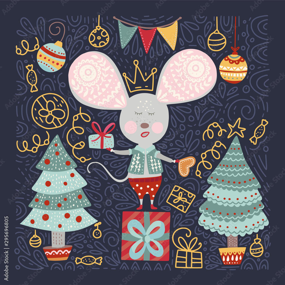 Christmas funny cartoon hand drawn mouse card in a flat and doodle style. Winter vector poster with cute New Year mice.