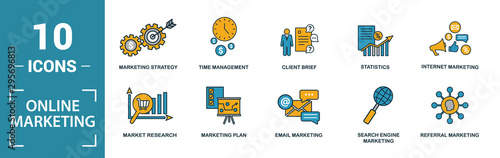 Online Marketing icon set. Include creative elements email marketing, mobile marketing, referral, marketing plan, social icons. Can be used for report, presentation, diagram, web design