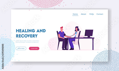 Healing and Recovery Website Landing Page. Doctor Using Sphygmomanometer with Stethoscope Checking Blood Pressure to Patient in Cardiology Hospital Web Page Banner. Cartoon Flat Vector Illustration