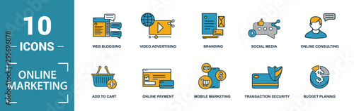 Online Marketing icon set. Include creative elements email marketing, mobile marketing, referral, marketing plan, social icons. Can be used for report, presentation, diagram, web design