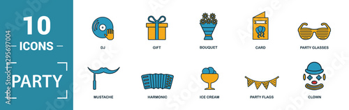 Party Icon icon set. Include creative elements flapper with confetti, gift, karaoke, champagne, harmonic icons. Can be used for report, presentation, diagram, web design
