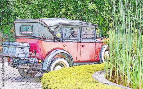 Close up of decorative red old car photo