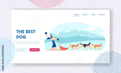 Winter Season Activities and Holidays Sport Website Landing Page. Musher Riding Dog Sled Team Frozen across Snowy Tundra Plain Winter Day Outdoors Fun Web Page Banner. Cartoon Flat Vector Illustration