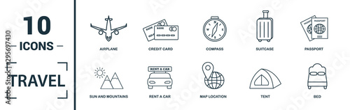 Travel icon set. Include creative elements compass, aircraft, taxi, credit card, sun and mountains icons. Can be used for report, presentation, diagram, web design