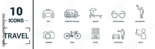 Travel icon set. Include creative elements compass, aircraft, taxi, credit card, sun and mountains icons. Can be used for report, presentation, diagram, web design