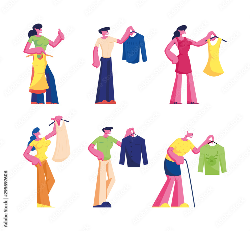 People Buying Dress Set. Young and Senior Men Women Choosing New Fashioned Clothes in Store Buying Garment in Apparel Boutique in Mall. Characters Shopping Spare Time Cartoon Flat Vector Illustration