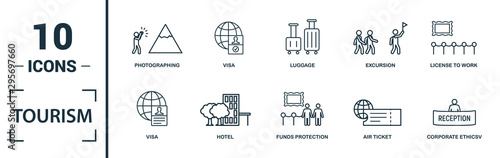 Tourism icon set. Include creative elements visa, international passport, photographing, exhibit, taxi icons. Can be used for report, presentation, diagram, web design