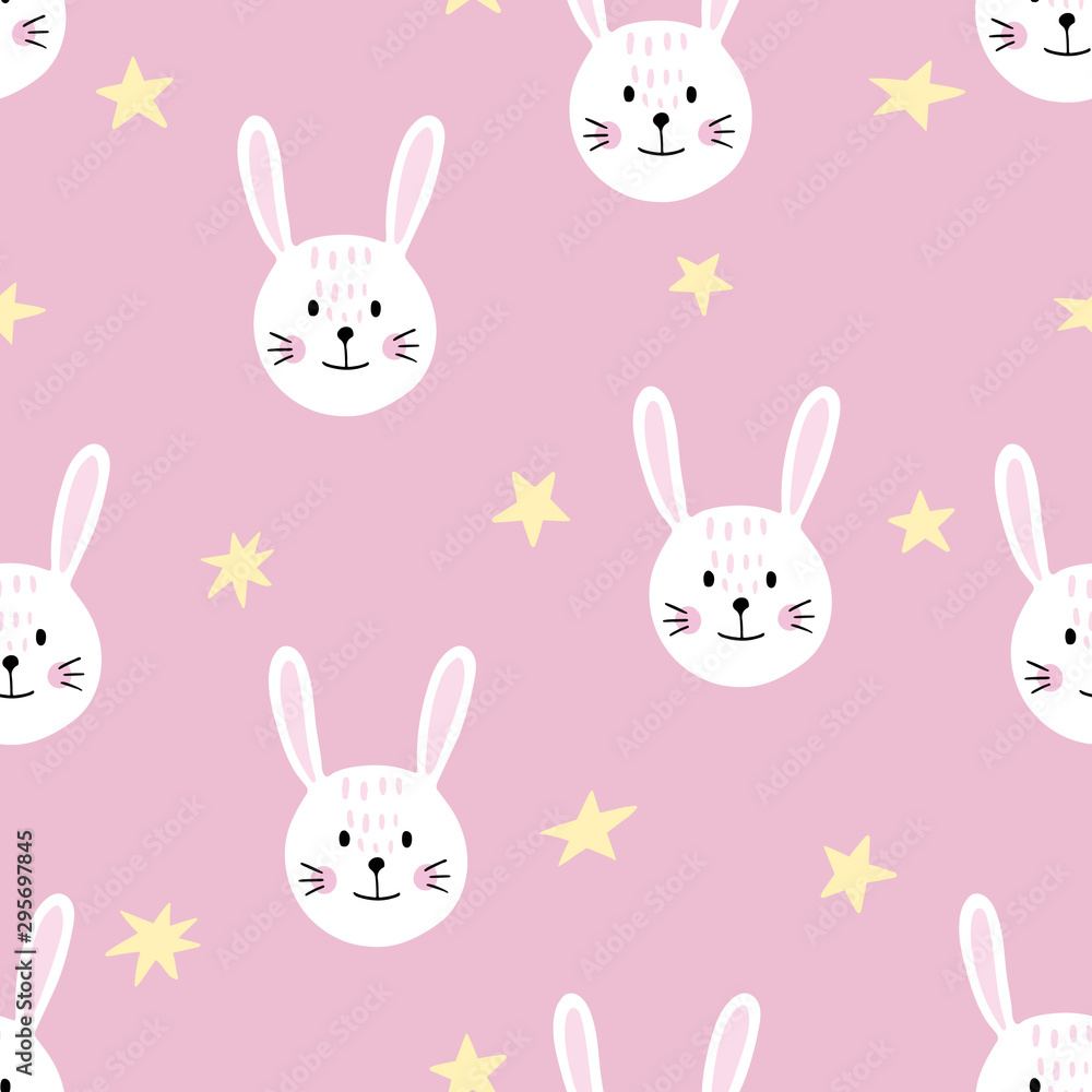 Cute seamless pattern with bunny faces and stars. Background for kids with wild animals - rabbit. Vector illustration Cute seamless pattern with bunny faces and stars. Background for kids with wild animals - rabbit. Vector illustration