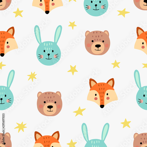 Fototapeta Naklejka Na Ścianę i Meble -  Cute seamless pattern with animal faces and stars. Background for kids with wild animals - rabbit, fox, bear. Vector illustration