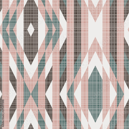 Geometric kilim seamless repeat vector pattern with burlap texture.  Rug inspired design from a grid.  Pink, green, and brown.  Shapes like a tile or mosaic.