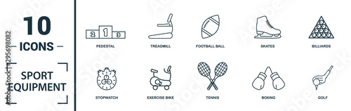 Sport Equipment icon set. Include creative elements dumbbells, soccer ball, baseball, hockey, exercise bike icons. Can be used for report, presentation, diagram, web design