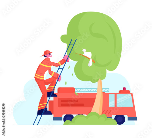 Brave Fireman in Red Protective Uniform and Helmet Climbing Up Truck Ladder to Save Cat from High Tree with Firetruck Standing nearby. Firefighter Rescuer Profession. Cartoon Flat Vector Illustration