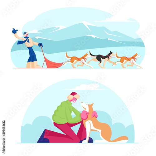 Winter Season Activities and Holidays Sport. Musher Riding Dog Sled Team Flying Gracefully Across Frozen Snowy Tundra Plain. Man Caress Pet at Winter Day Outdoors. Cartoon Flat Vector Illustration