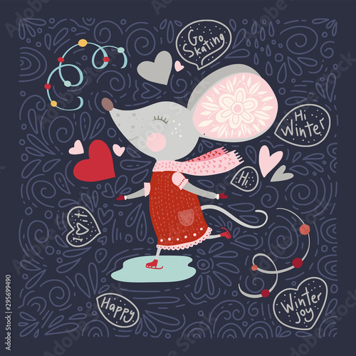 Christmas funny cartoon hand drawn mouse card in a flat and doodle style and text quotes. Winter vector poster with cute New Year mice.