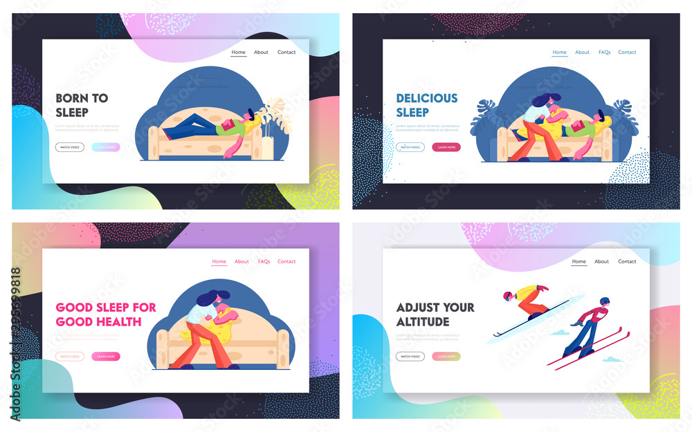Home and Outdoors Leisure, Active and Passive Spare Time Website Landing Page Set. Man Sleep with Book at Home, Sportsman Jump Skis. Sport and Relax Web Page Banner. Cartoon Flat Vector Illustration