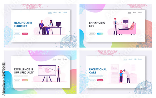 Patient Visiting Otolaryngologist and Cardiologist Specialist in Hospital Website Landing Page Set. Doctors Appointment in Medical Clinic, Health Care Web Page Banner. Cartoon Flat Vector Illustration