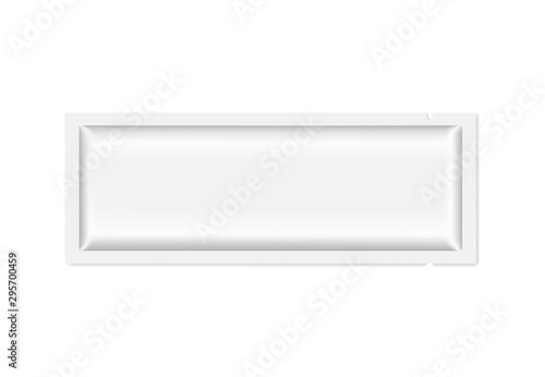 Blank plastic bag for face, body or hair mask. White makeup package with place to opening. Realistic vector mock up with shadow on white background.