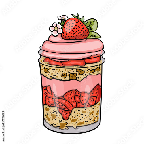Dessert with strawberries in a jar of cream in color