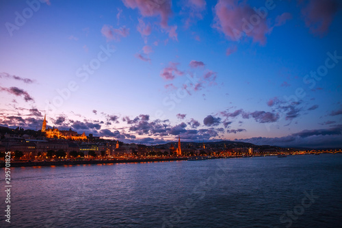 Evening cityscape view of old city Budapest at sunset with colorful sky