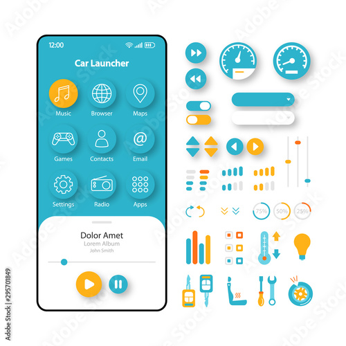 Car launcher smartphone interface vector template. Mobile app page blue and white design layout. Smart car screen. Flat UI for application. Speed, temperature control and music. Phone display