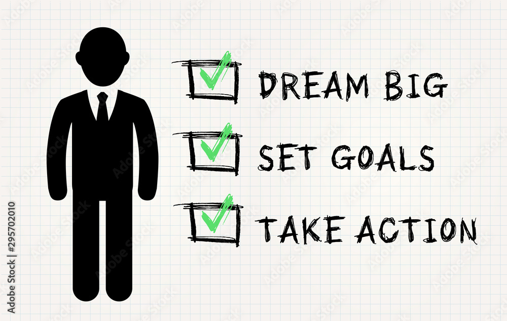 checklist with ticked boxes for "dream big", "set goals" and "take