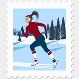 Postage stamp - runner - girl - morning jogging in nature - winter landscape - vector. Winter sport.