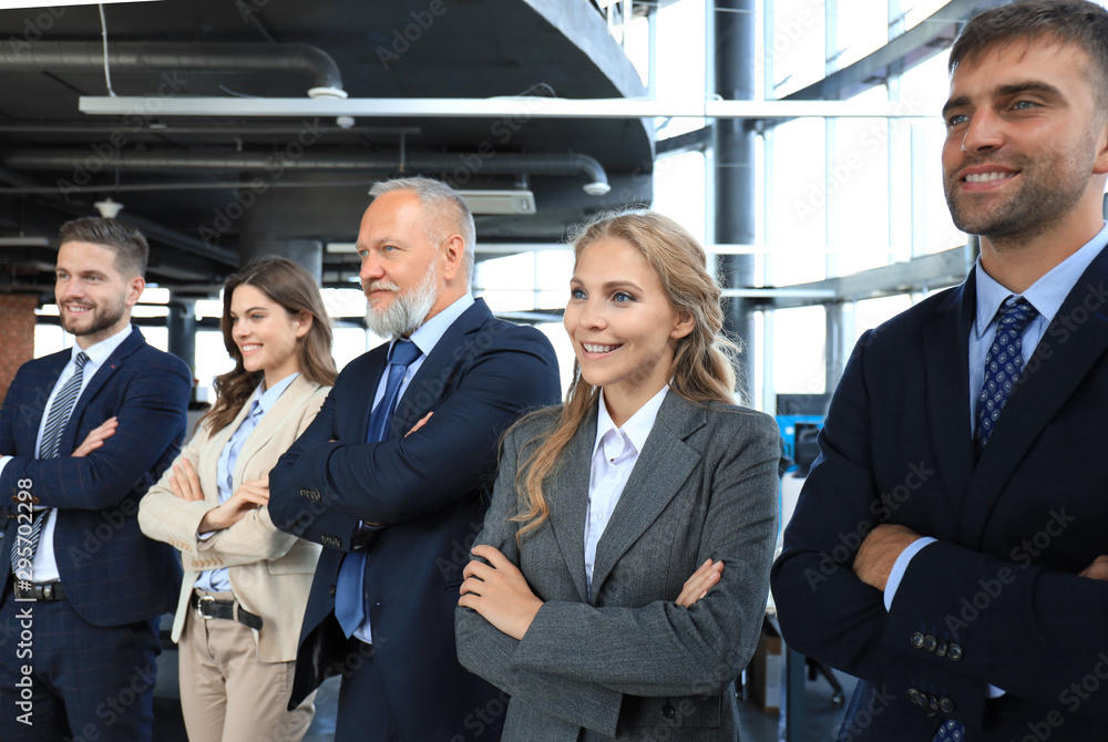 Happy smiling business team standing in a row at office. Happy smiling business team standing in a row at office.