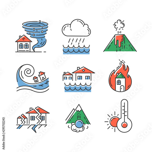 Natural disaster color icons set. Environmental hazards. Earthquake, wildfire, tsunami, tornado, avalanche, flood, downpour, volcanic eruption, drought. Global problem. Isolated vector illustrations