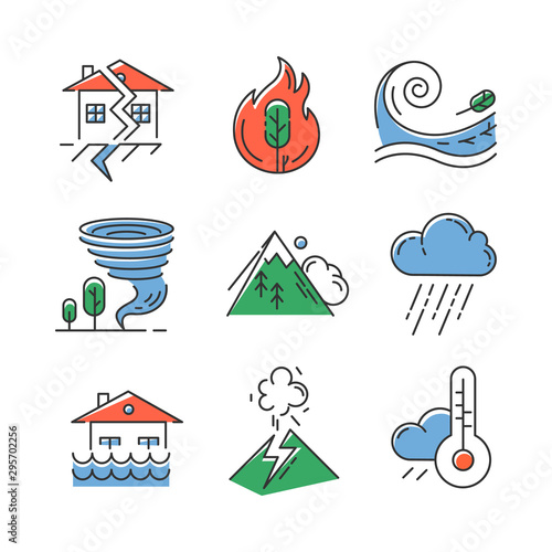 Natural disaster color icons set. Geological and atmospheric catastrophes. Earthquake, wildfire, tsunami, tornado, avalanche, flood, downpour, volcanic eruption. Isolated vector illustrations