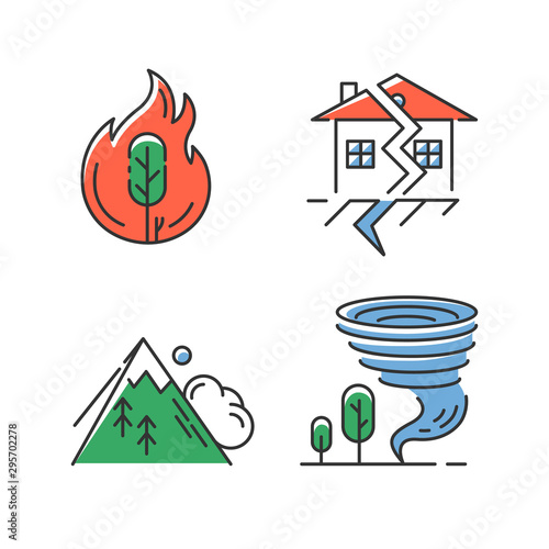 Natural disaster color icons set. Global catastrophes. Wildfire, earthquake, tornado, avalanche. Destructive force of nature. Geological and atmospheric hazards. Isolated vector illustrations