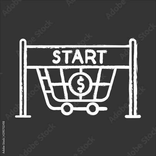 Start selling chalk icon. Store opening. Waiting for buyers. Entrance to supermarket, shopping cart. Trading. Launch new business. Commercial activity. Isolated vector chalkboard illustration