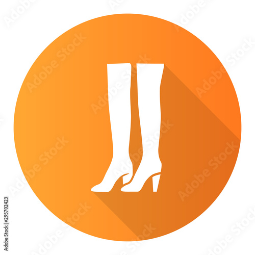 Thigh high boots orange flat design long shadow glyph icon. Woman stylish formal footwear design. Female casual stacked heels, luxury modern shoes. Clothing accessory. Vector silhouette illustration