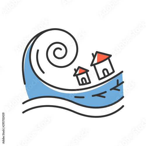 Tsunami blue color icon. Groundswell. Ocean storm washing settlement. Sea wave destruct houses. Hurricane damage. Flash flood. Natural disaster catastrophe. Isolated vector illustration