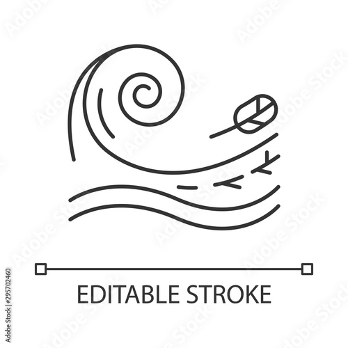Tsunami linear icon. Sea storm. Water splash. Groundswell. Tide. Flash flood. Ocean heavy wave and leaf. Thin line illustration. Contour symbol. Vector isolated outline drawing. Editable stroke