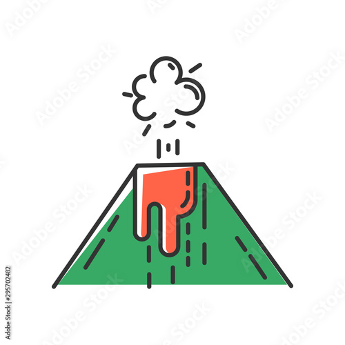 Volcanic eruption green color icon. Smoke, ash and lava emission from volcano. Geothermal energy explosion. Seismic hazard. Geological disaster. Natural catastrophe. Isolated vector illustration