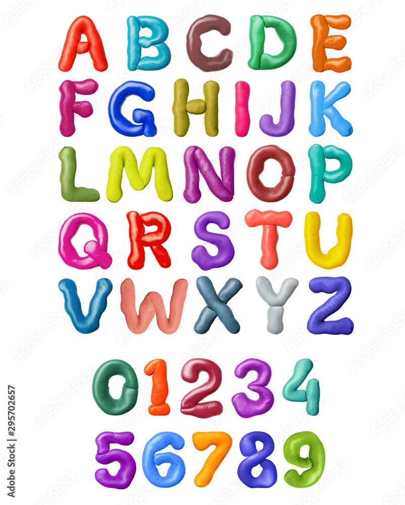 Curved letters of latin alphabet made of colored plasticine, isolated on white background