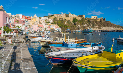 Colorful harbour in the beautiful island of Procida, near Napoli, Campania region, Italy. 
