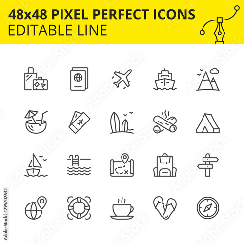 Simple set of vector stroke icons for tourism and travelling. Contains such icons as passport, ticket, luggage, mountains etc. 48x48 Pixel perfect. Editable line. Vector-Vector.