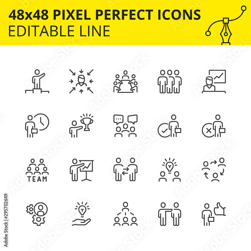 Simple set of vector stroke icons for team work and business people. Contains such icons as meeting, collaboration, inspector, team structure etc. 48x48 Pixel perfect. Editable line. Vector-Vector.