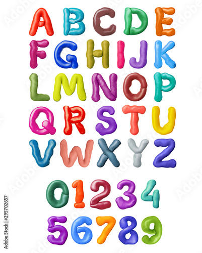 Curved letters of latin alphabet made of colored plasticine, isolated on white background