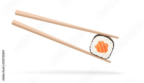 Sushi roll with chopsticks isolated on a white background. Traditional Japanese restaurant sea food. Realistic vector illustration