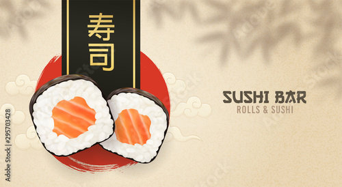 Sushi bar ads. Sushi and rolls poster, horisontal flyer. Realistic vector illustration.