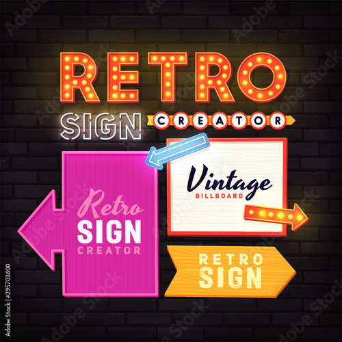 Retro signboard. Set elements for street sign. Neon sign. Advertising space.