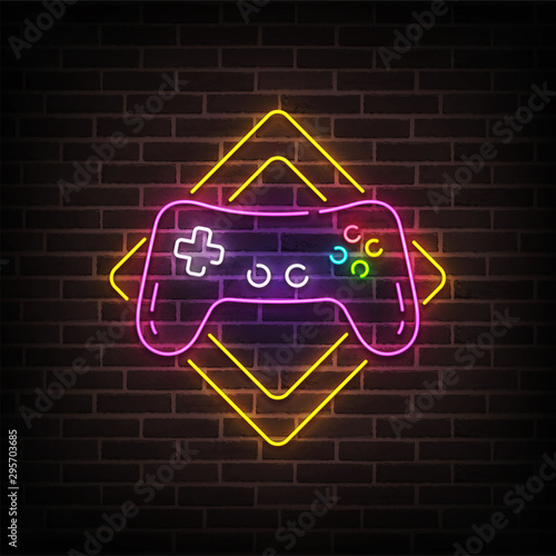 Game zone neon sign, bright signboard, light banner. Game area logo neon, emblem. Vector illustration