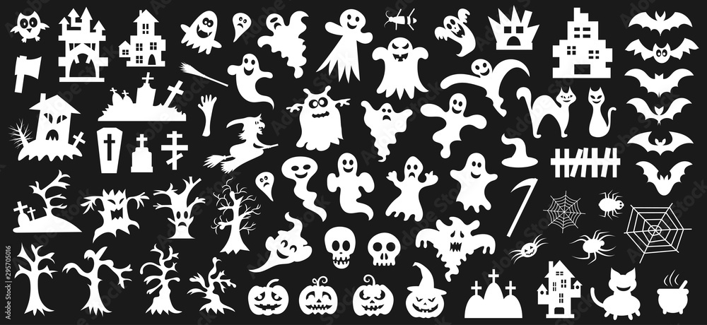 Set of white silhouettes of Halloween on a black background. Vector illustration Set of white silhouettes of Halloween on a black background. Vector illustration