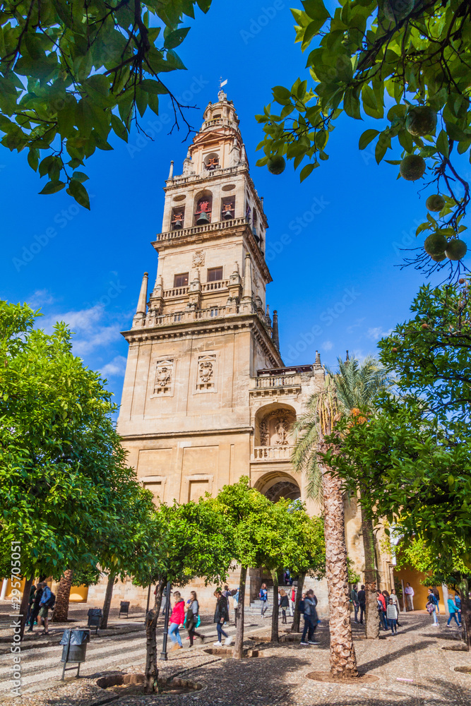 CORDOBA, SPAIN - NOVEMBER 5, 2017: Tower of Mosque–Cathedral (Mezquita-Catedral) of Cordoba, Spain